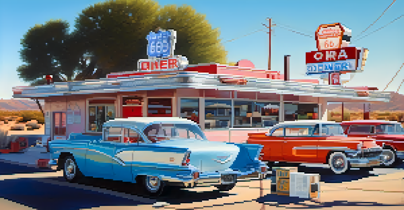 A classic roadside diner with neon lights and vintage cars, set against a clear blue sky and desert scenery.