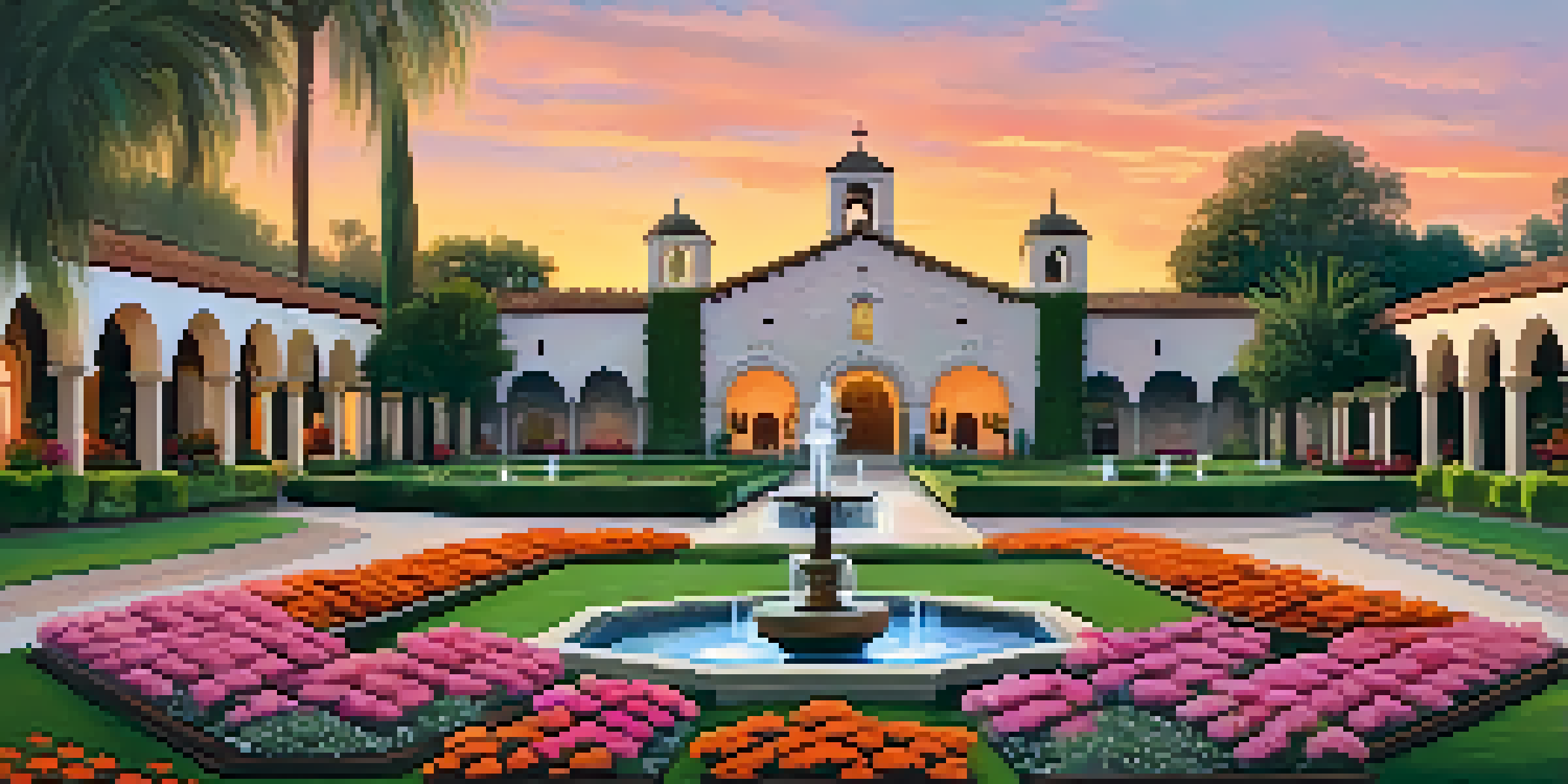 A beautiful sunset view of Mission San Juan Capistrano, highlighting its intricate architecture and vibrant gardens.