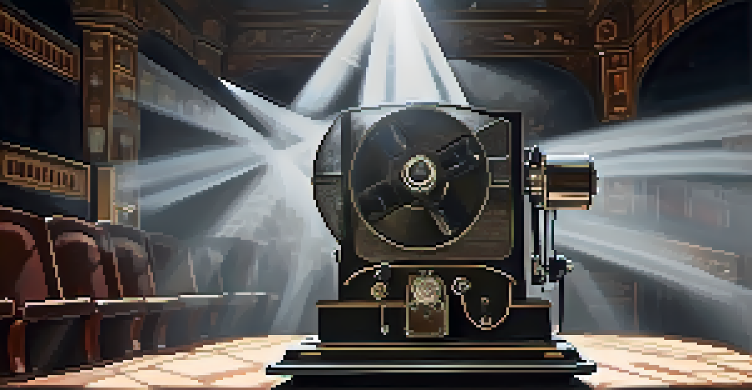 A close-up of a silent film projector in a dim theater with beams of light and spinning film reel, creating a nostalgic early cinema atmosphere.