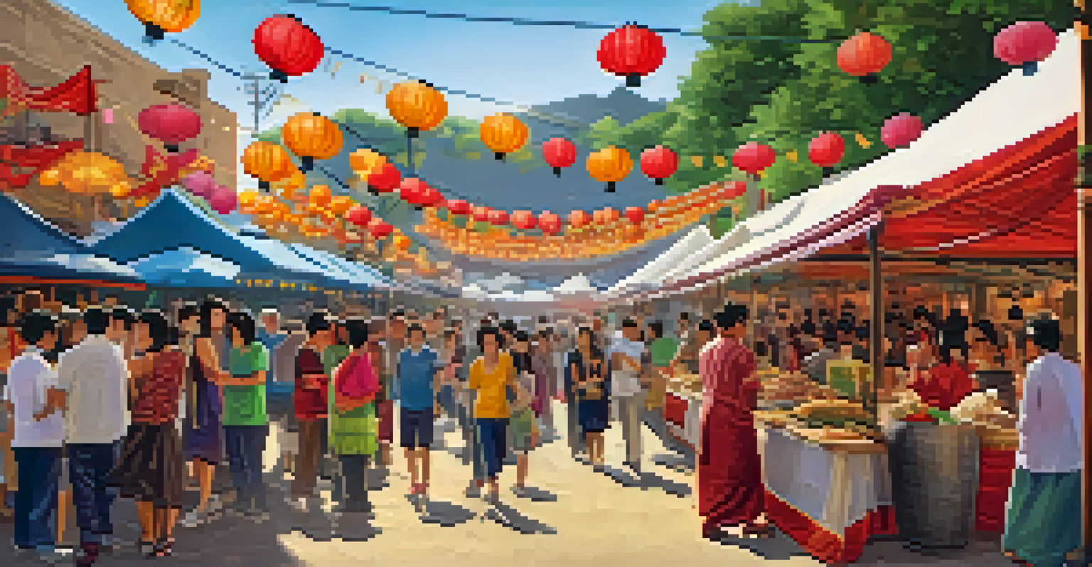 A lively cultural festival in California showcasing Asian cuisine and decorations, with people enjoying various activities.