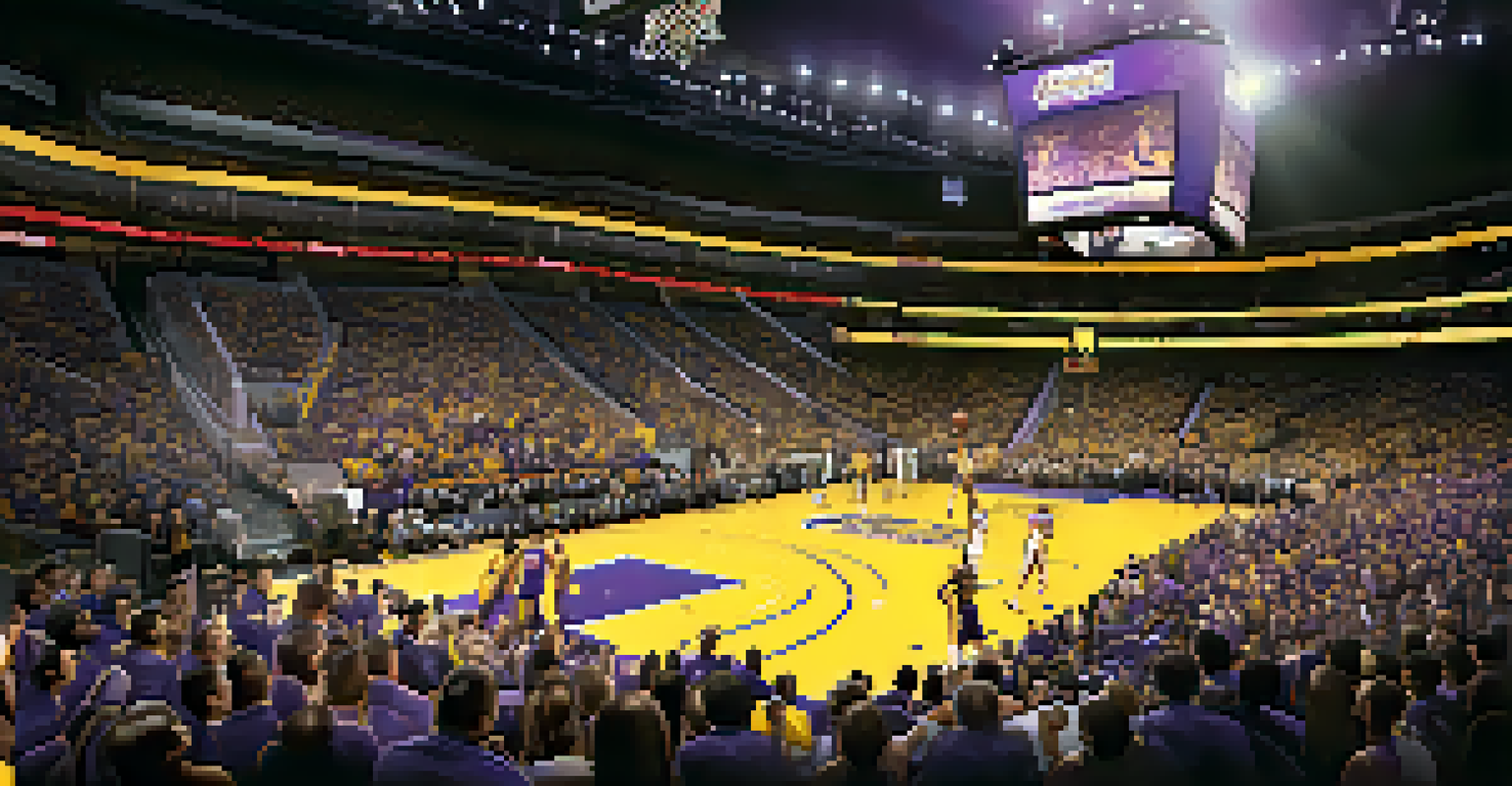 A basketball player in a purple and gold uniform performing a slam dunk at the Staples Center, with cheering fans in the background.