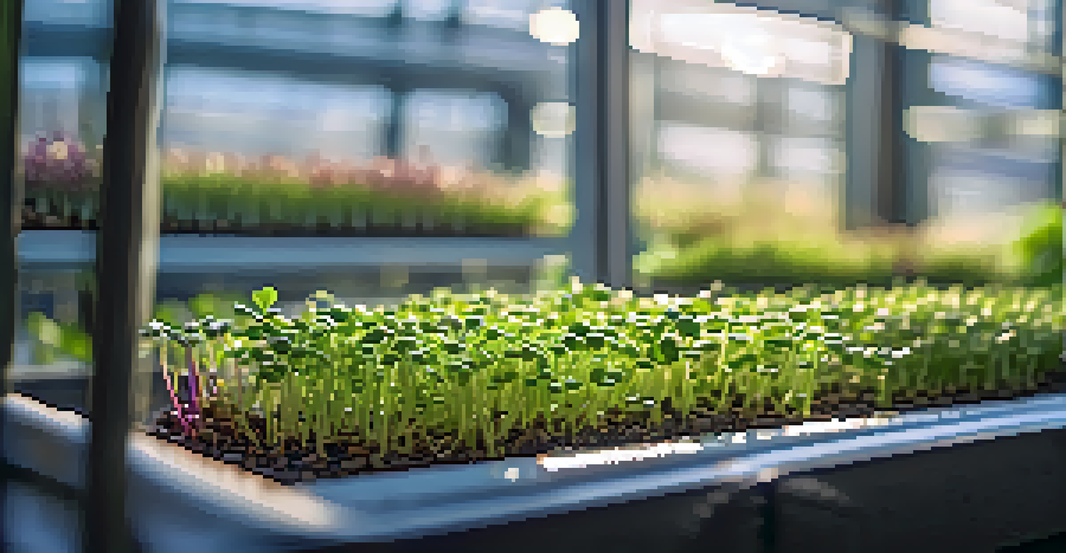 Close-up of vibrant microgreens in a controlled environment with sunlight streaming through windows.