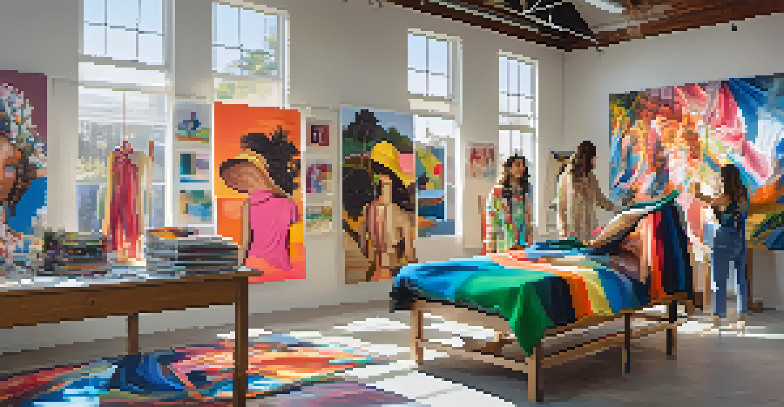 A designer in a studio sketching clothing inspired by California's surf culture, with vibrant paintings and fabrics around them.