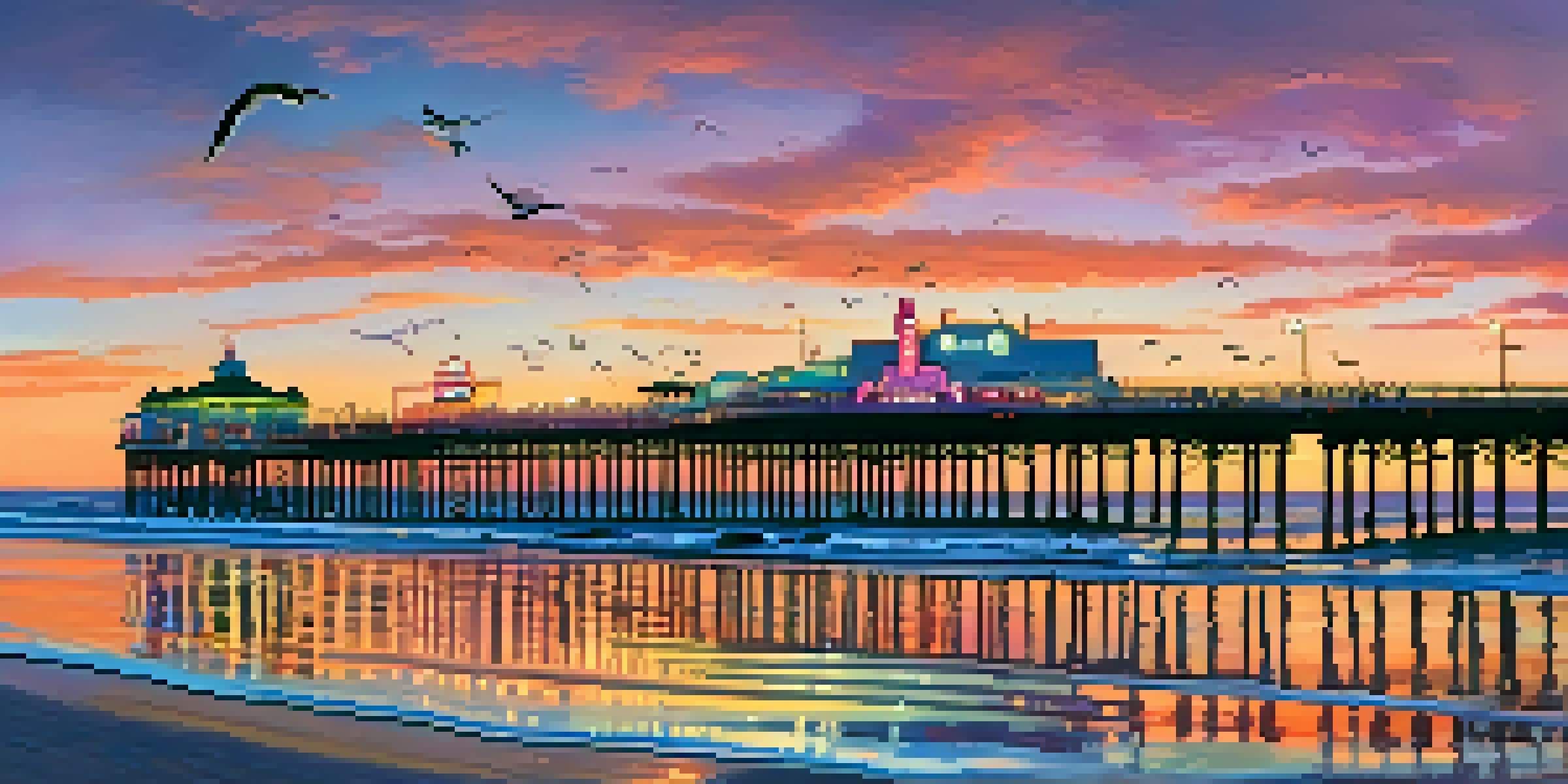 A vibrant sunset over Santa Monica Pier, filled with people enjoying amusement rides and games, with seagulls flying overhead.