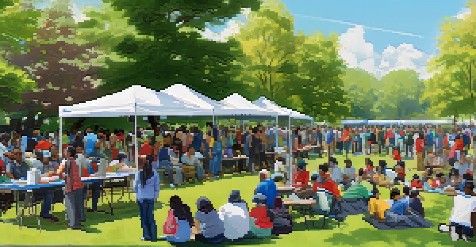 A diverse community participating in an earthquake preparedness drill in a sunny park, practicing safety measures with banners in the background.