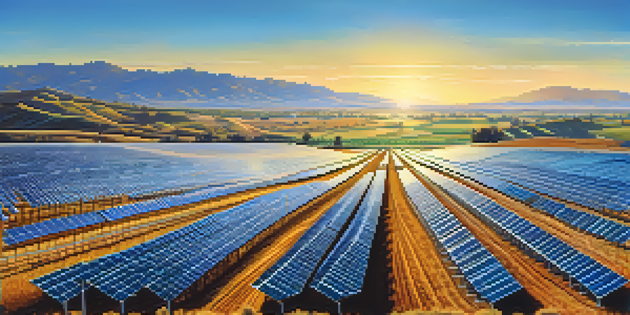 A wide view of a solar farm with solar panels and wind turbines under a bright blue sky and sunset.