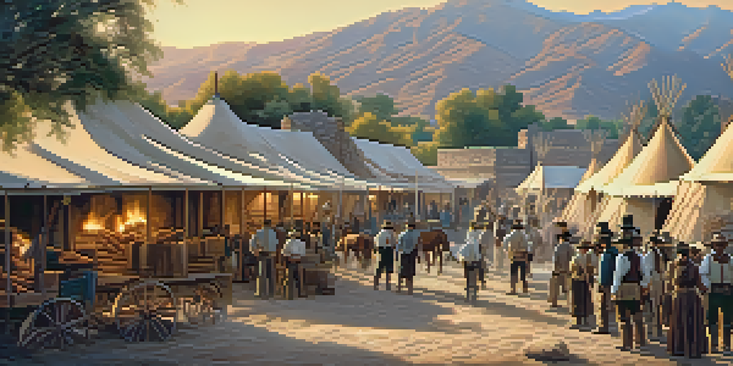 A vibrant scene of Sutter's Fort filled with settlers and miners during the Gold Rush, bathed in golden sunset light.