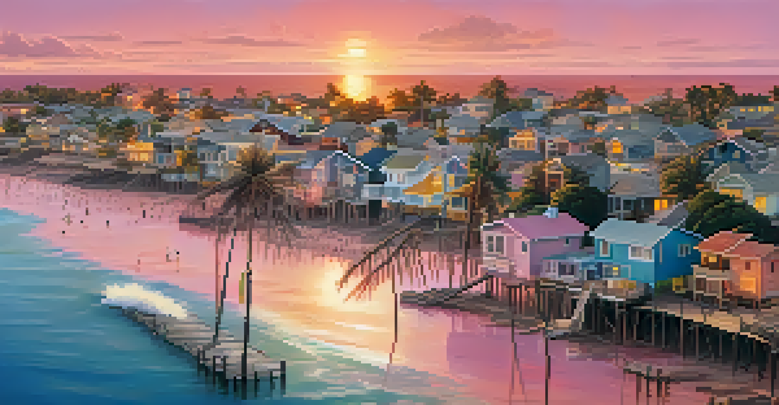 Aerial view of a coastal town with houses on stilts and a sunset reflecting on the water.