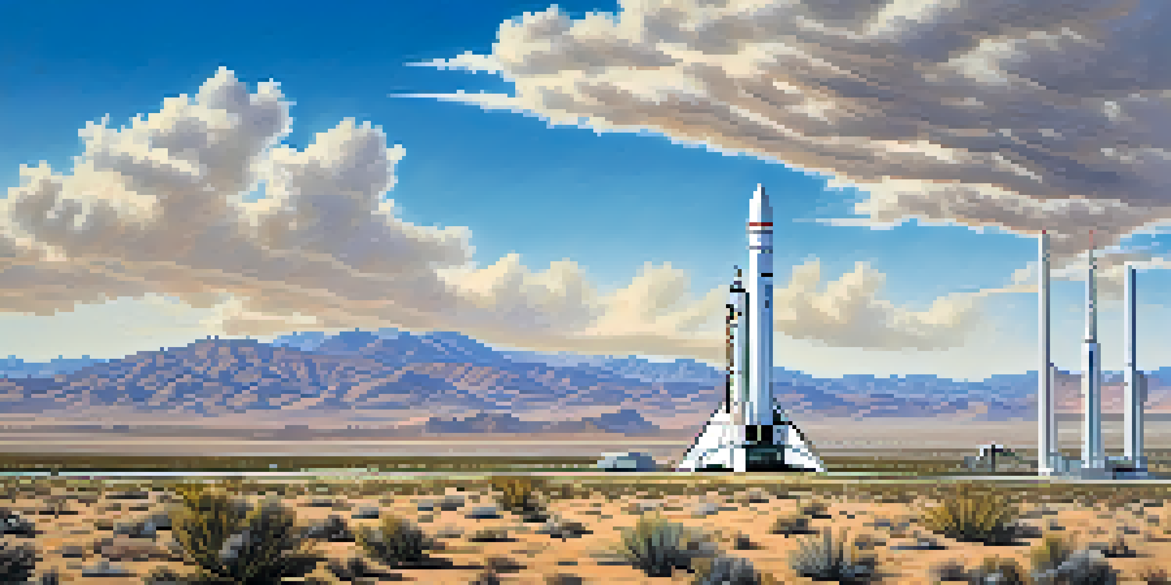 A wide landscape of California's Mojave Desert featuring a rocket launch pad and a modern rocket, under a bright blue sky.