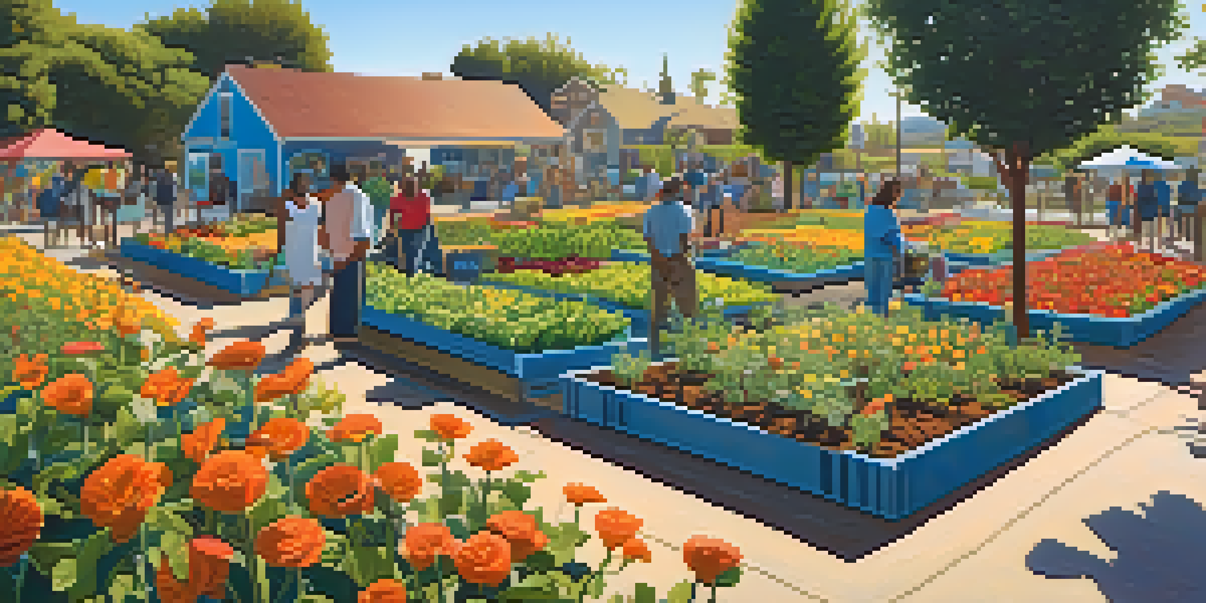 A community garden in California with diverse individuals tending to plants, colorful flowers, and murals in the background.