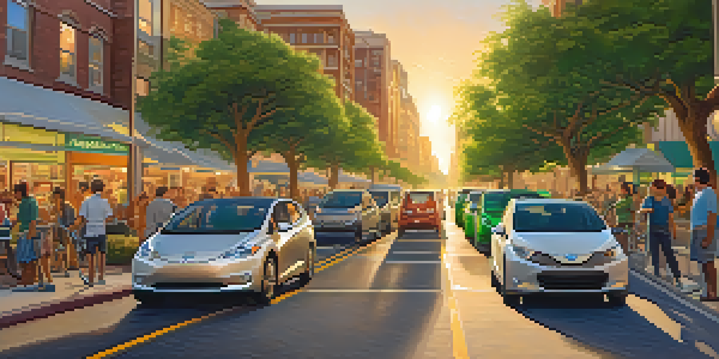 A lively city street in California with electric vehicles, murals, and pedestrians interacting with a clean transportation exhibit during sunset.