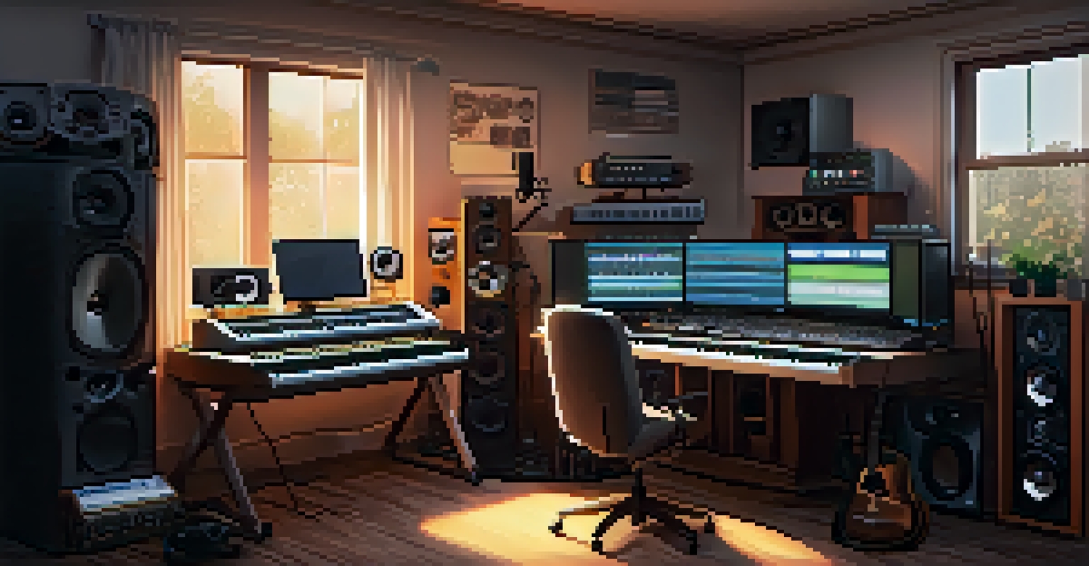 A musician working in a cozy home studio filled with music production equipment.
