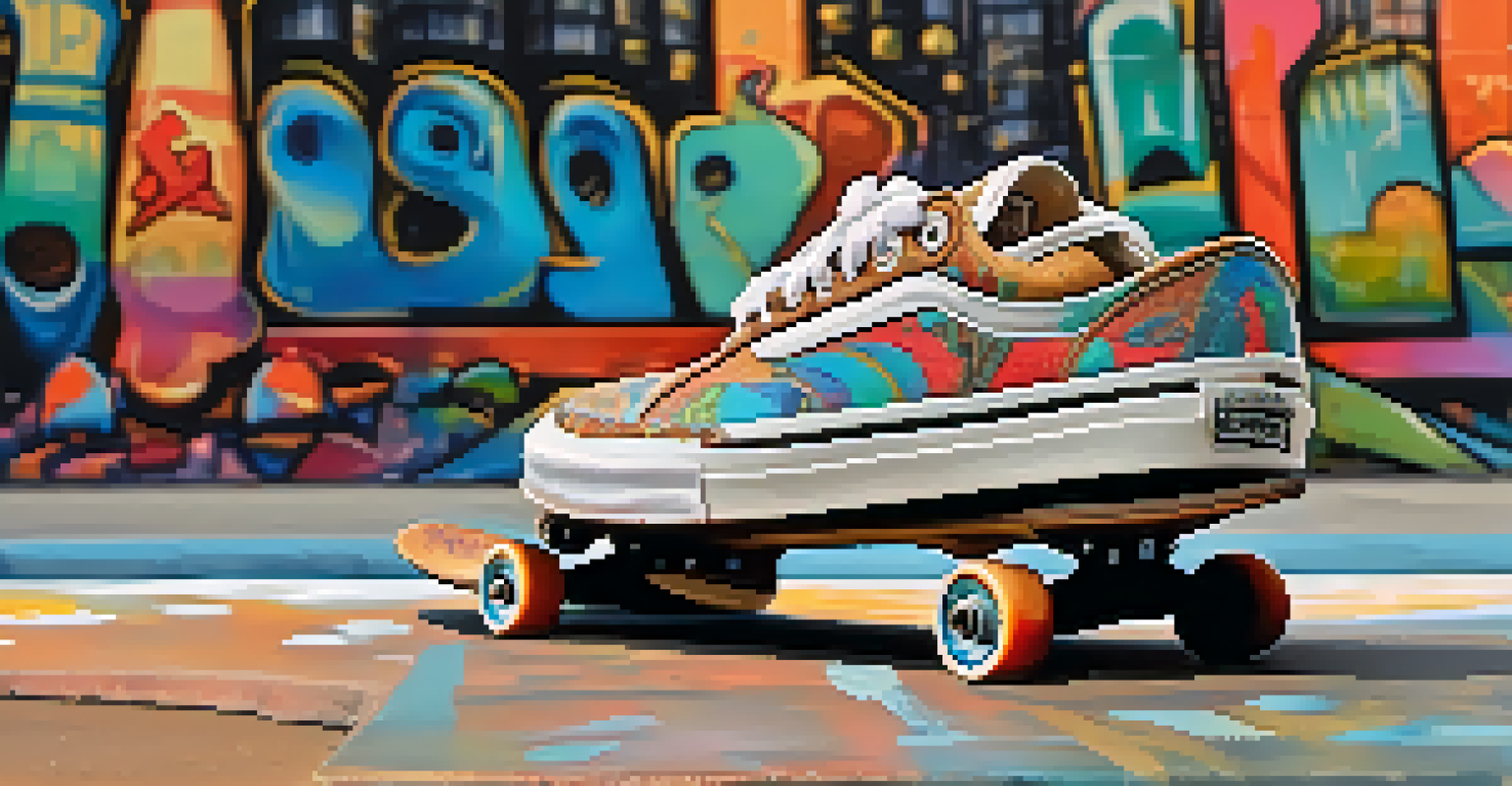 A close-up of a skateboard deck with street art and trendy sneakers beside it, set against a blurred urban background with soft lighting.