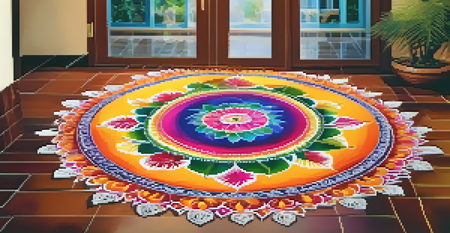 A beautiful rangoli design made with colored powders and flower petals at a home entrance.