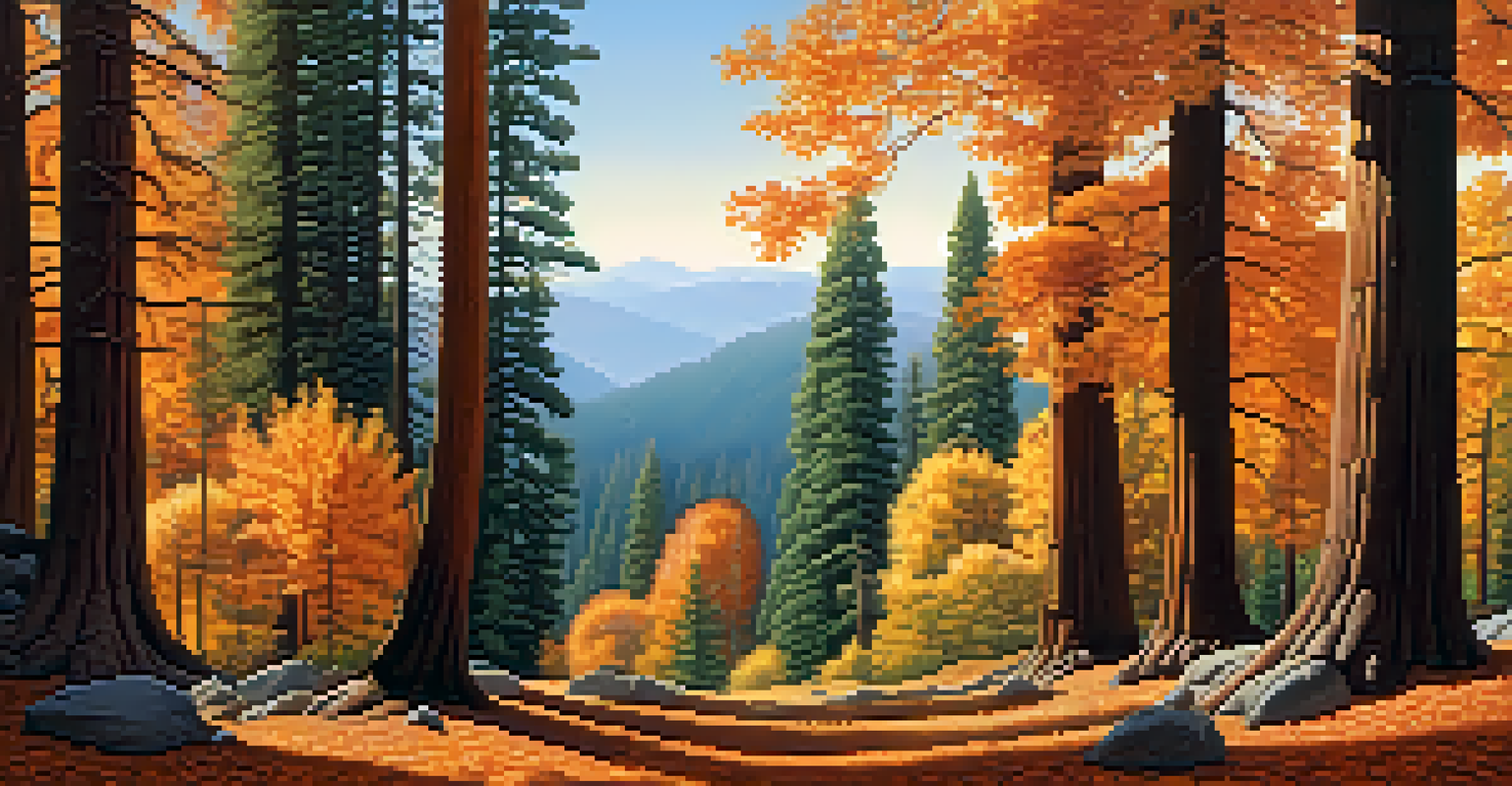 Panoramic view of a Giant Sequoia forest in autumn, with vibrant leaves and a clear blue sky.