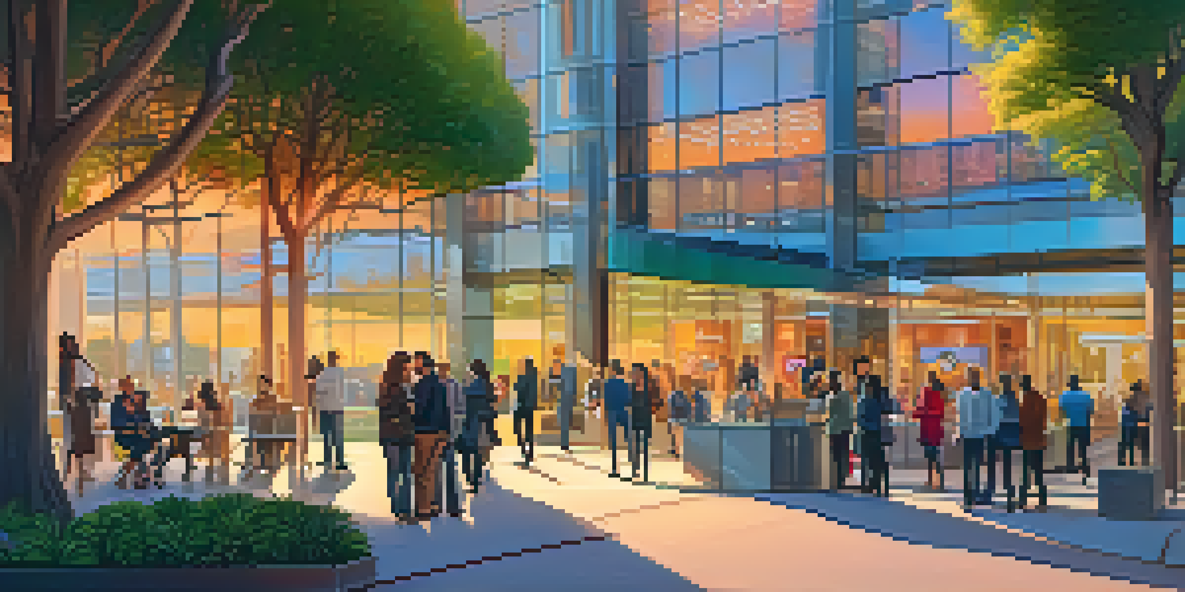 A lively street scene in Silicon Valley with diverse people talking outside a modern fintech company during sunset.