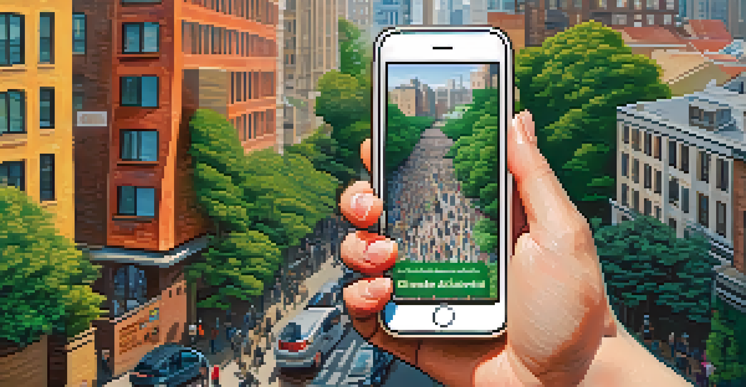 A close-up of a hand holding a smartphone displaying social media posts about climate change activism against a city backdrop.