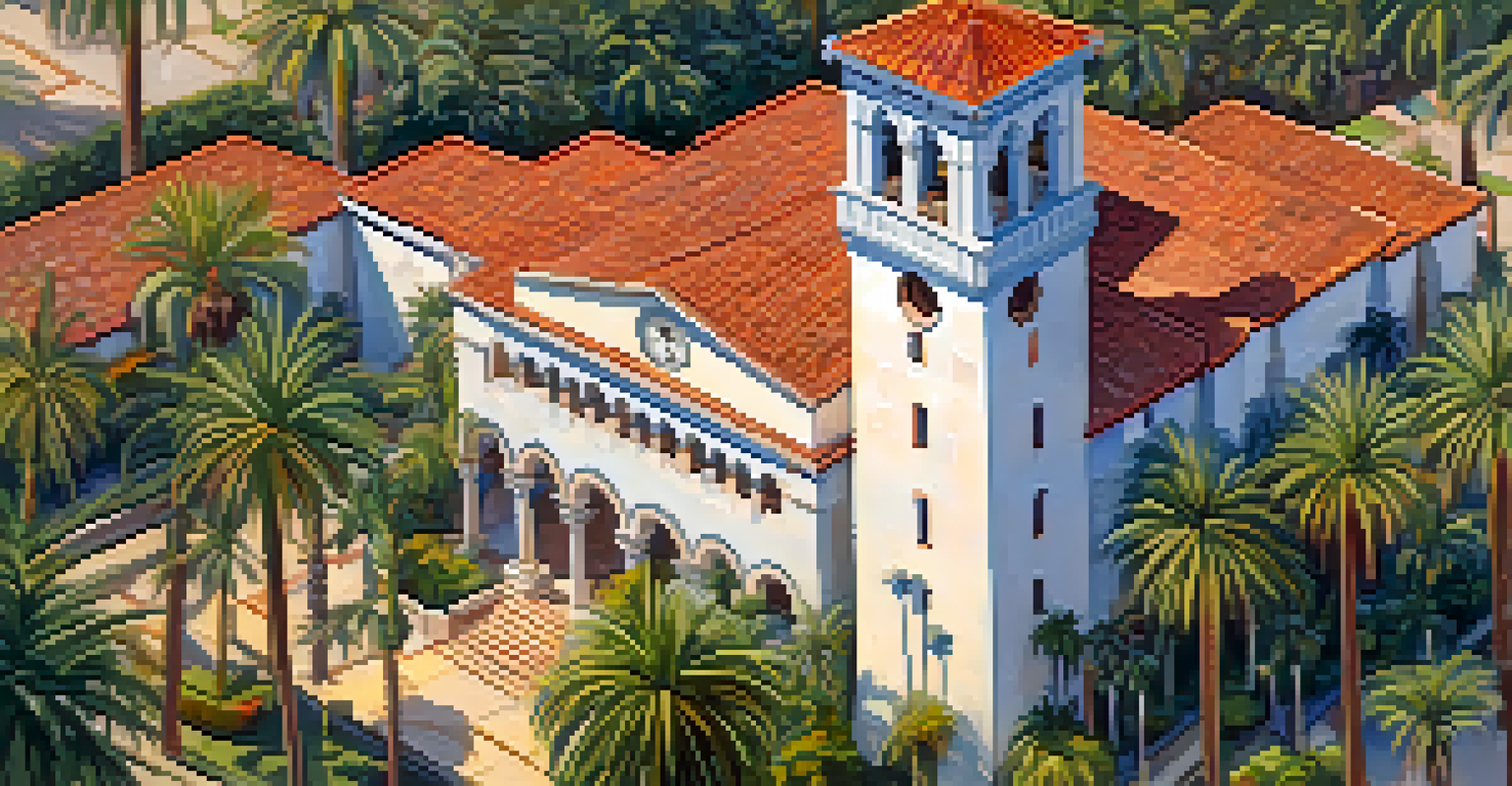 Aerial view of the Santa Barbara Courthouse, highlighting its vibrant tiled roof, lush gardens, and clock tower in bright midday sunlight.