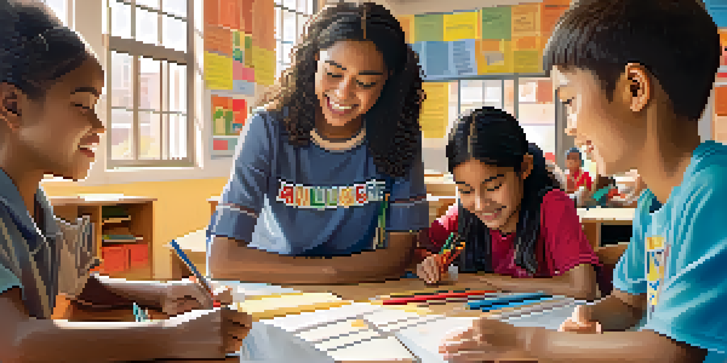 A diverse classroom with immigrant students learning a new language, engaged in group activities, and a supportive teacher guiding them.
