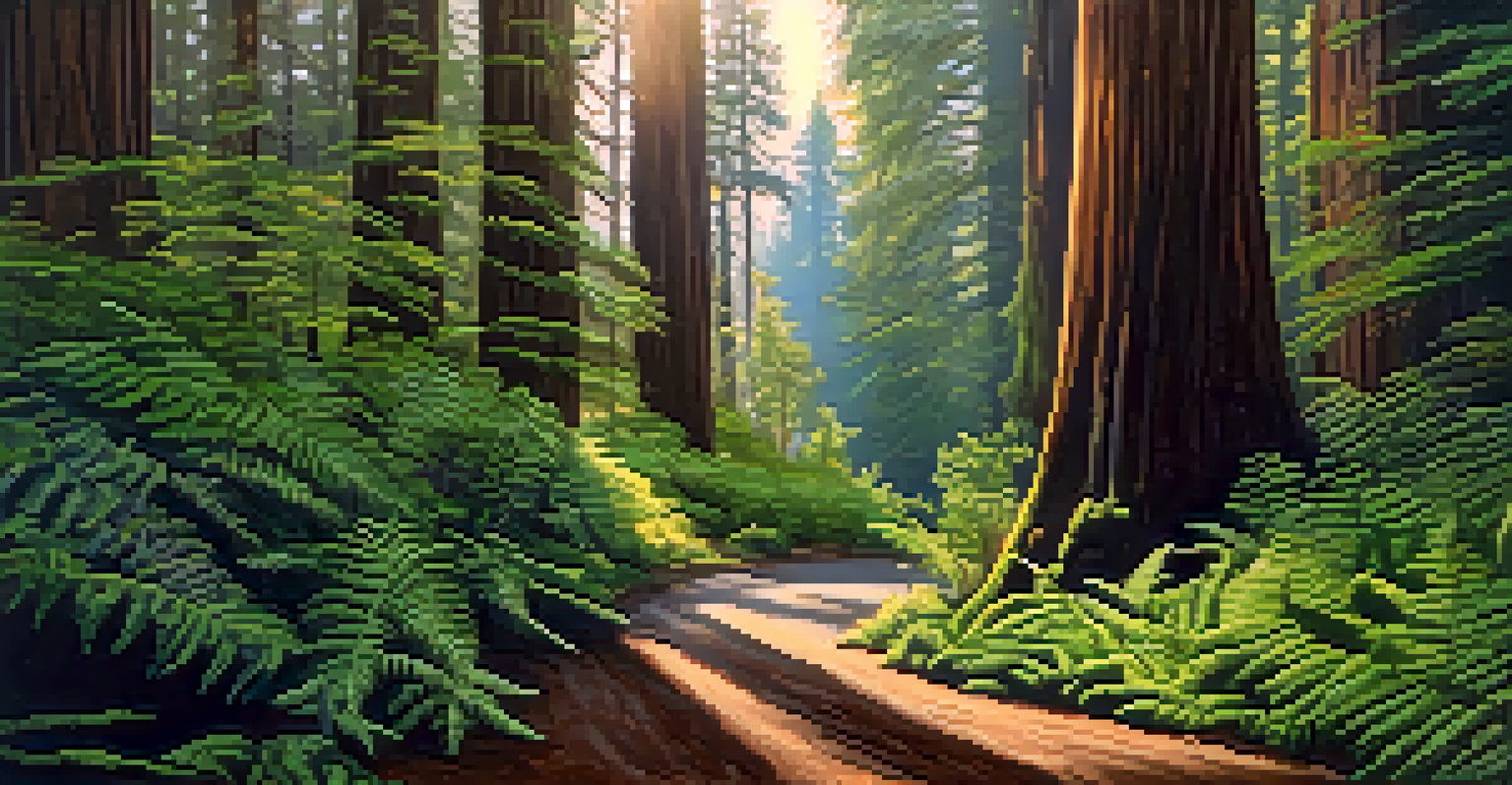 A peaceful view of Redwood Highway with towering redwood trees, sunlight filtering through the leaves, and a winding road leading into the forest.
