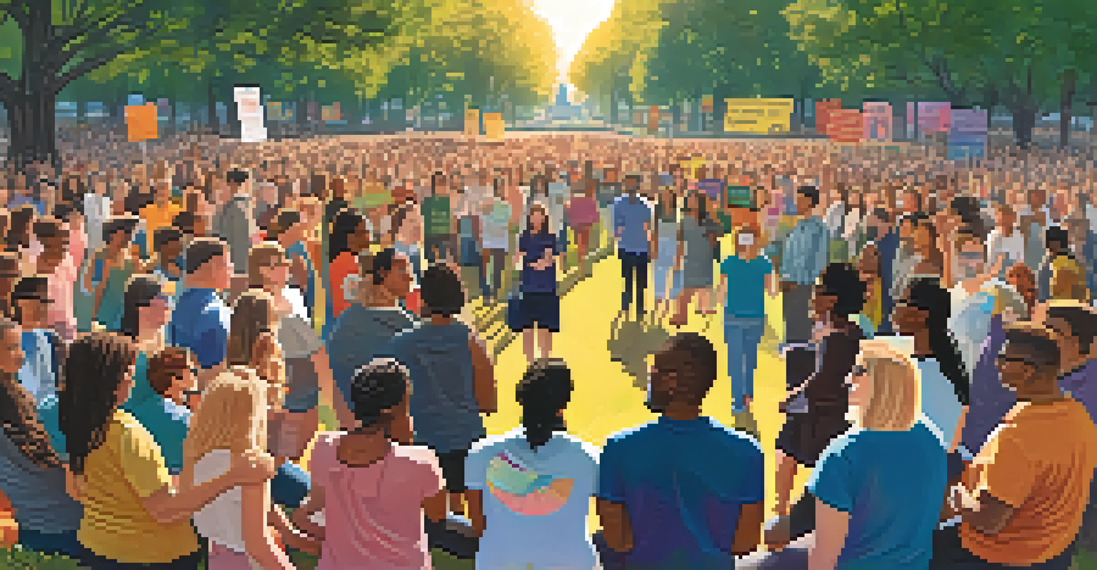 A diverse group of LGBTQ+ activists holding hands in a circle, surrounded by signs advocating for equality.