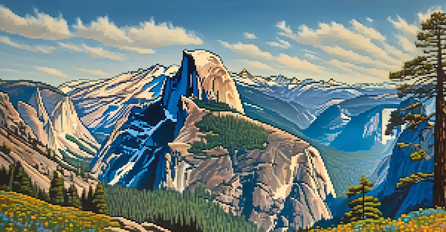 A sweeping panoramic view from Glacier Point with Half Dome and El Capitan, surrounded by wildflowers and a clear sky.