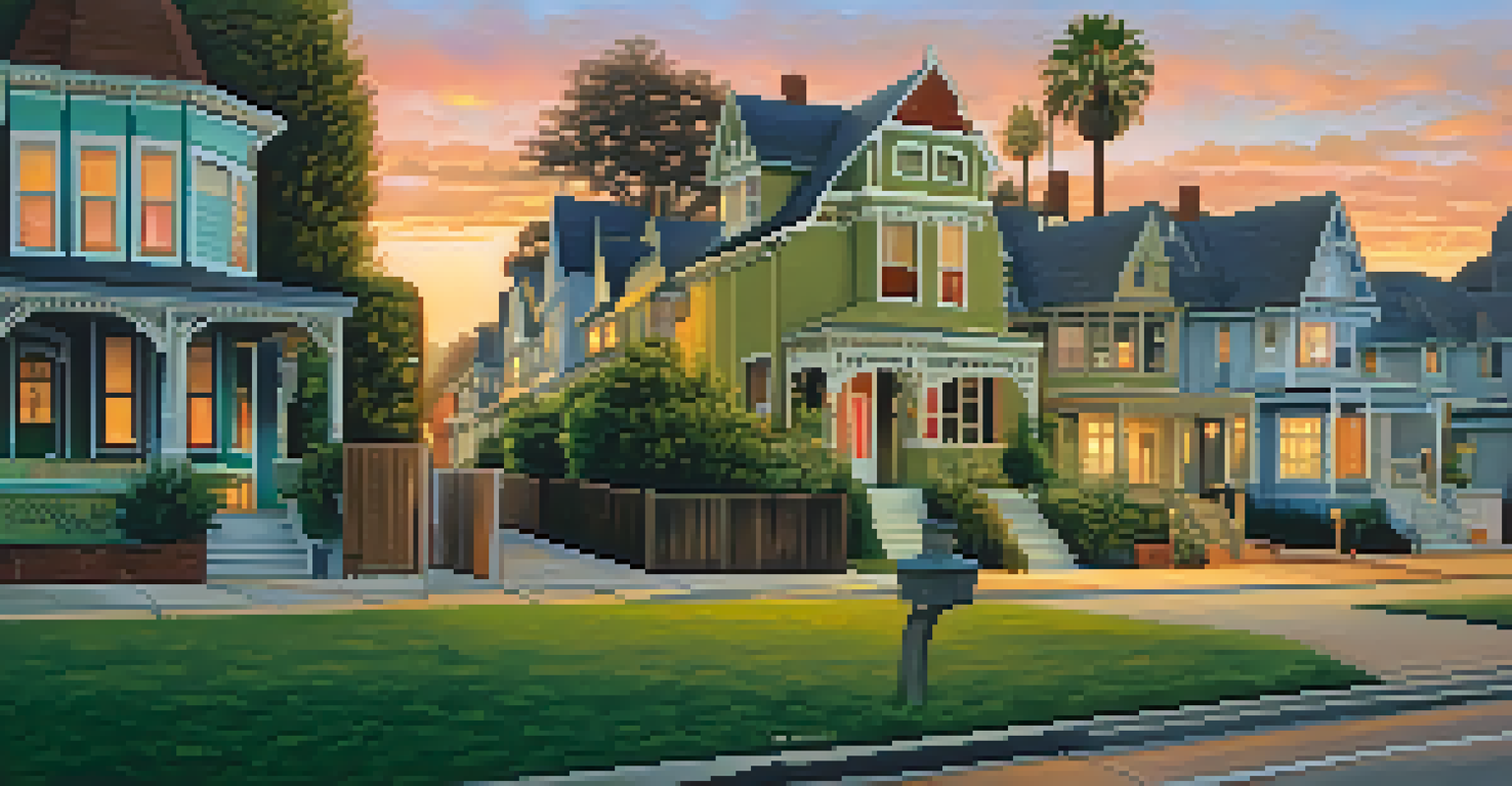 A sunset view of a historic neighborhood with diverse architecture and people walking along the streets.