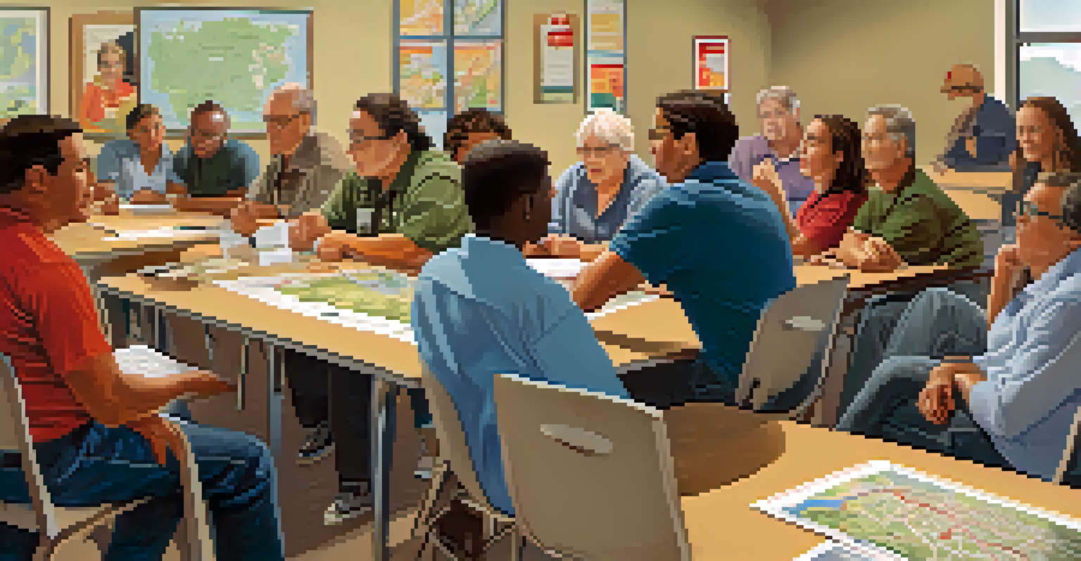A community meeting in a local center discussing wildfire preparedness, with residents looking at maps and emergency plans.