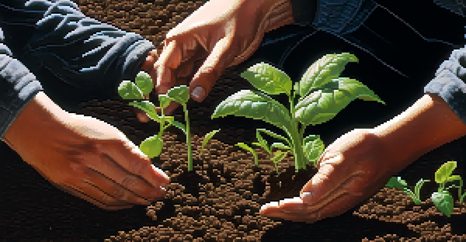 A close-up of a farmer's hands inspecting healthy organic soil with seedlings, highlighting the importance of soil health in organic farming.