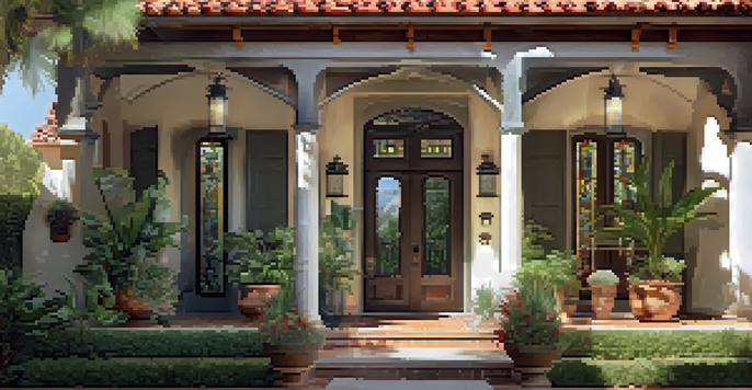A beautiful Spanish Colonial Revival house with a red-tiled roof, surrounded by colorful flowers and greenery, displaying ornate wrought-iron details.