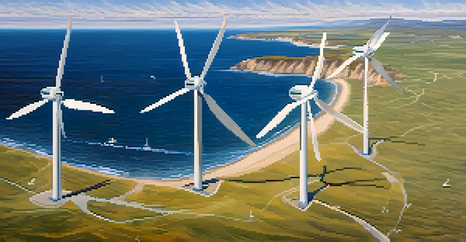 An aerial view of large offshore wind turbines in the ocean with clear skies.