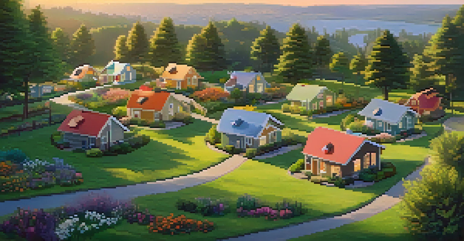 A tiny home village with colorful homes and gardens in a lush green setting during sunset.