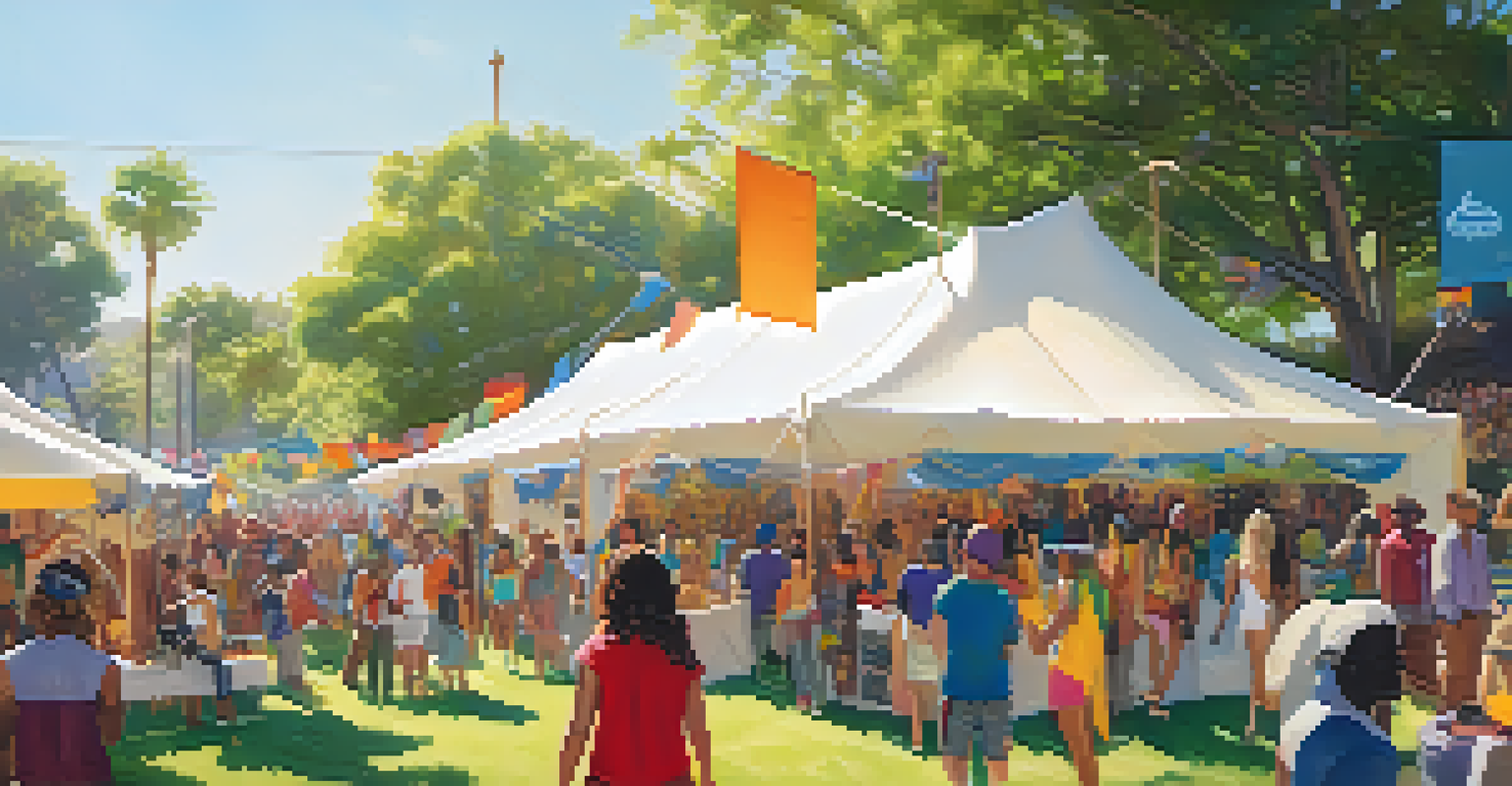 A California music festival featuring diverse attendees engaging in art installations and workshops, surrounded by colorful tents and greenery.
