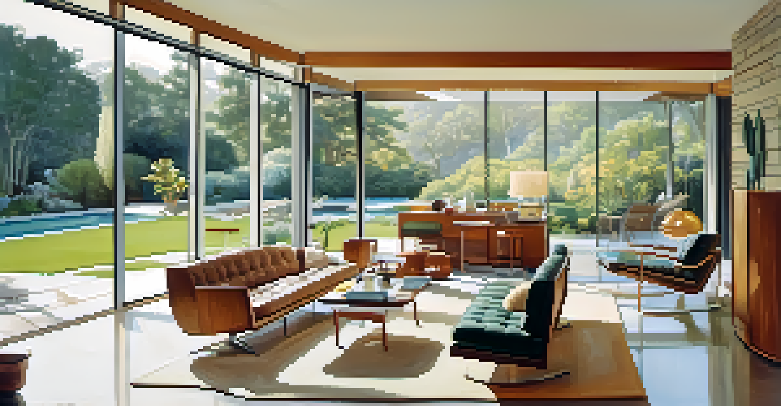 The interior of a modern home designed by Richard Neutra, featuring open spaces, large windows, and mid-century modern furniture, overlooking a garden.