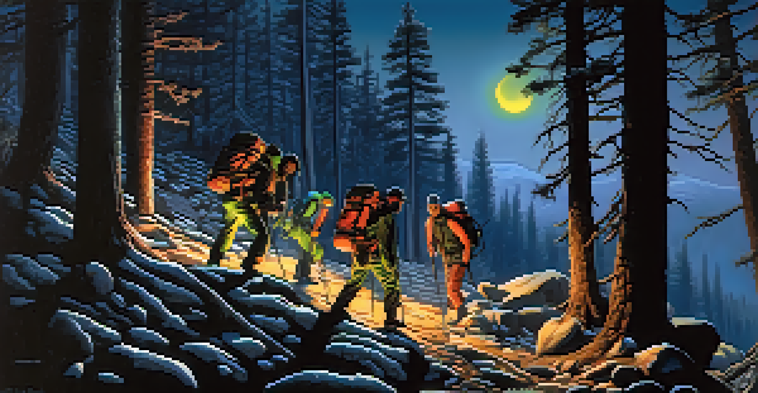 Hikers searching for Bigfoot at night in the Sierra Nevada mountains using thermal imaging devices under a full moon.