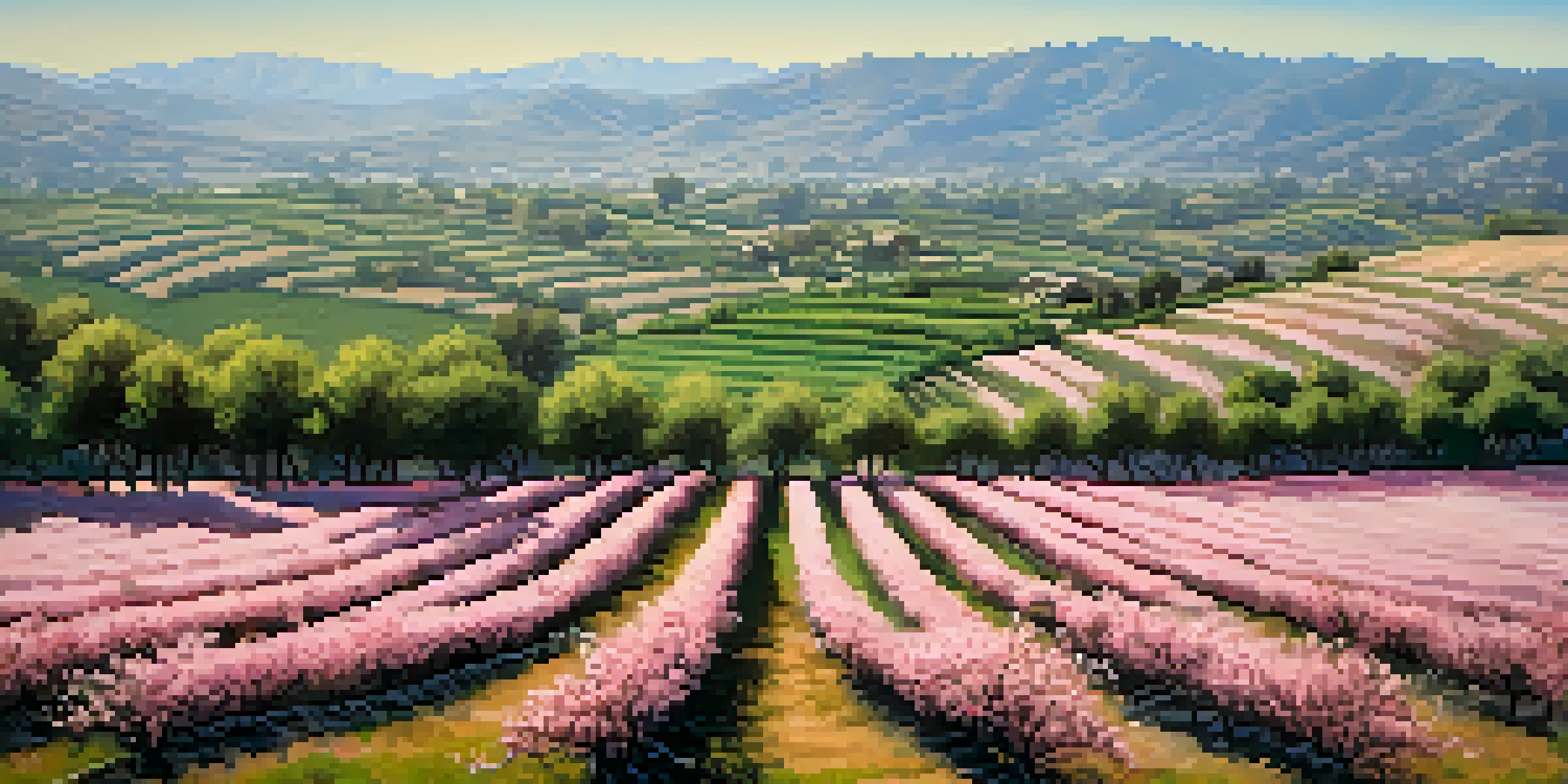 A scenic view of California's almond orchards in bloom, featuring rows of flowering trees, rolling hills, and a farmhouse under a clear blue sky.