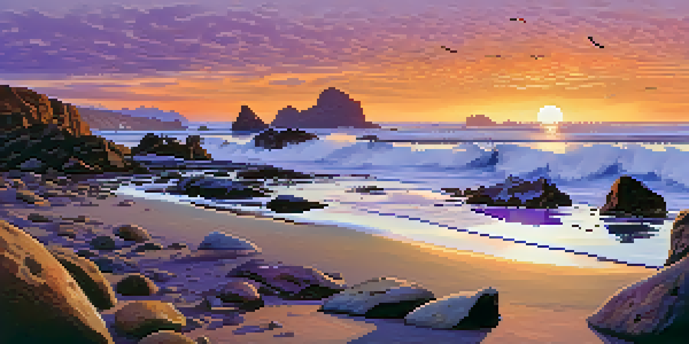 A sunset view of California's coastline featuring a sandy beach, tide pools, and cliffs in the background, with colorful sky reflections on the water.