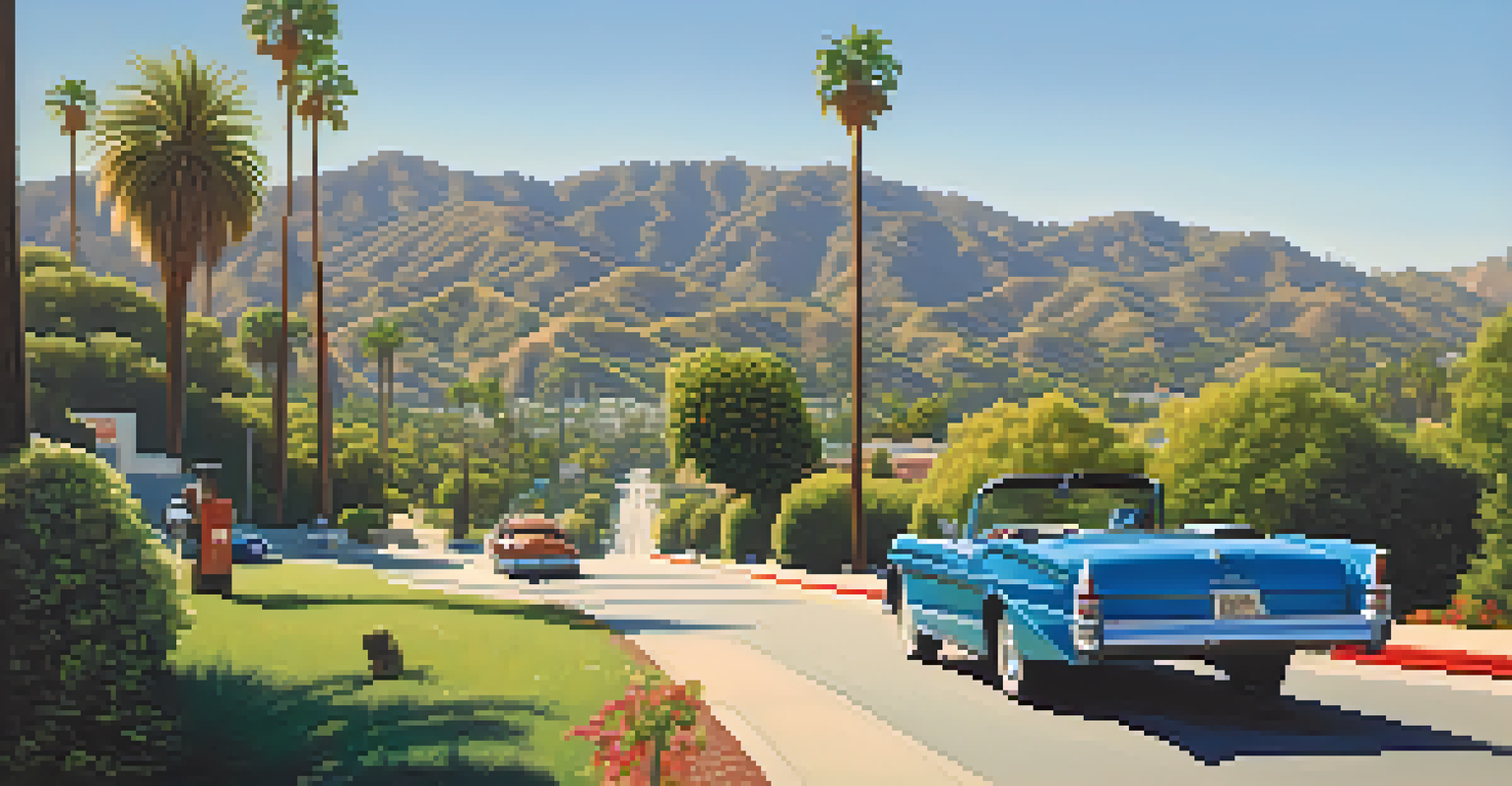 A picturesque view of the San Fernando Valley with rolling hills, palm trees, and the Hollywood sign in the background, featuring a classic car on the road.