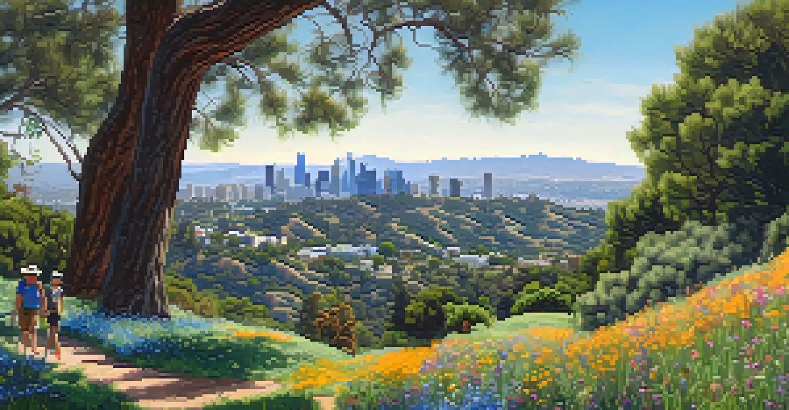 A panoramic view of Griffith Park with the Hollywood Sign and Griffith Observatory, surrounded by lush greenery and a clear blue sky.