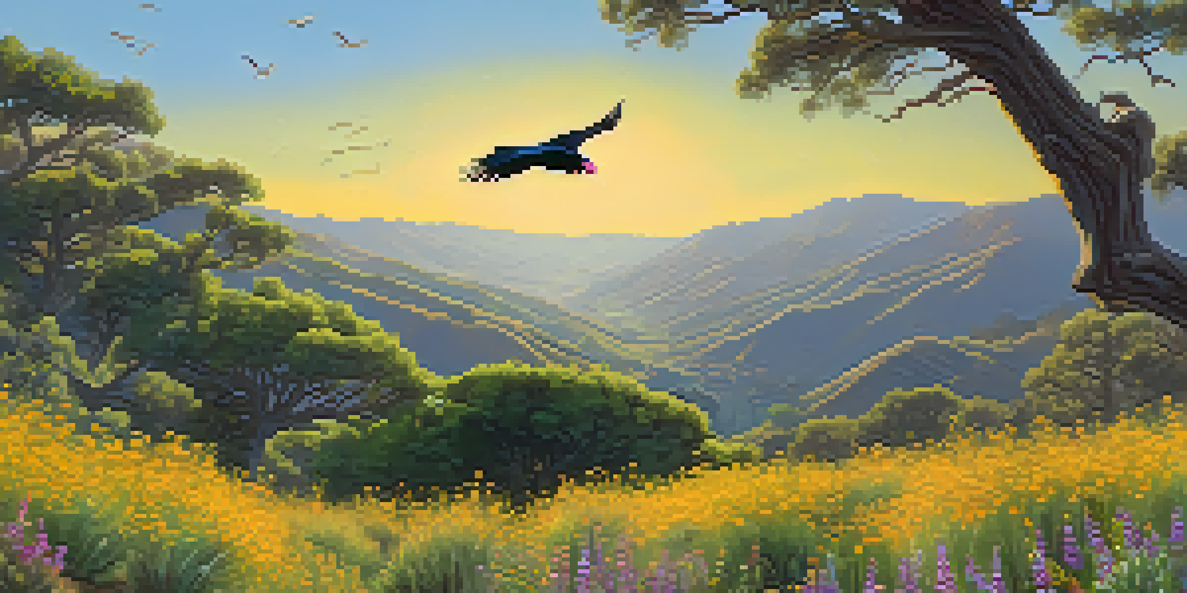 A California condor flying over a colorful valley filled with wildflowers under a bright blue sky.