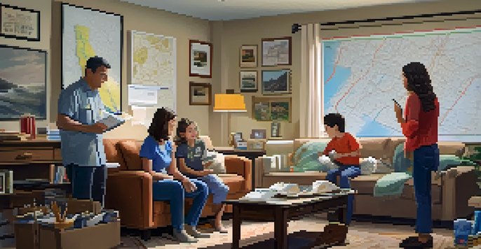 A family discussing their earthquake emergency response plan in a cozy living room, with a map of California on the wall and emergency supplies on the table.