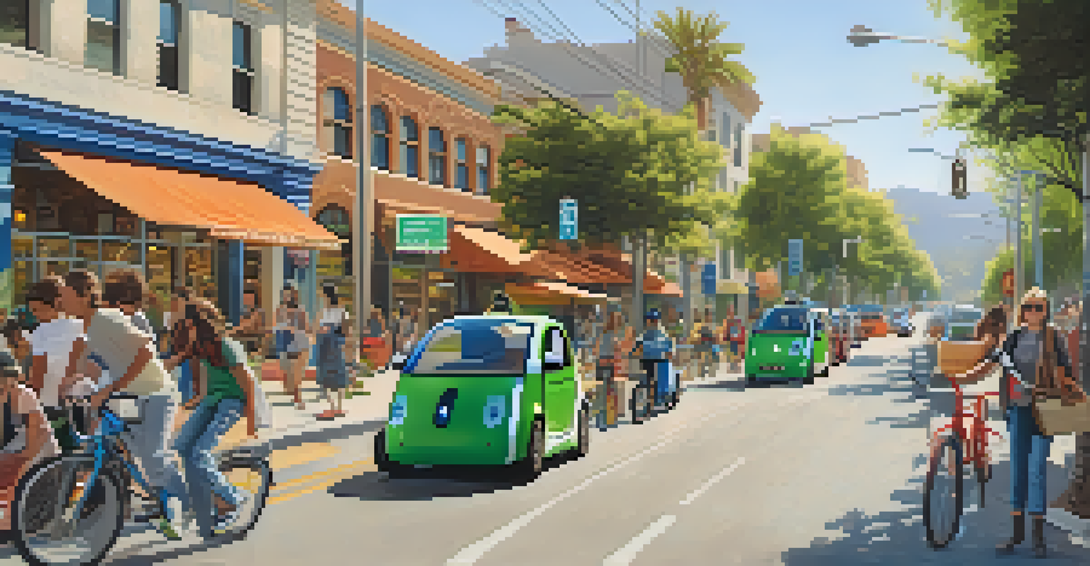 A lively city street in California featuring electric vehicles, bicycles, eco-friendly shops, and vibrant murals about sustainability.