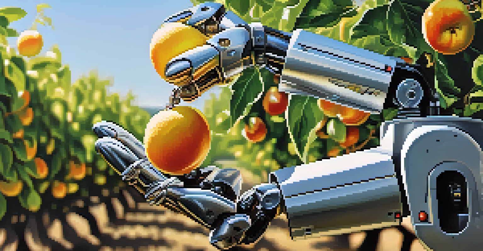 A robotic arm picking ripe fruits in an orchard, showcasing advanced harvesting technology.