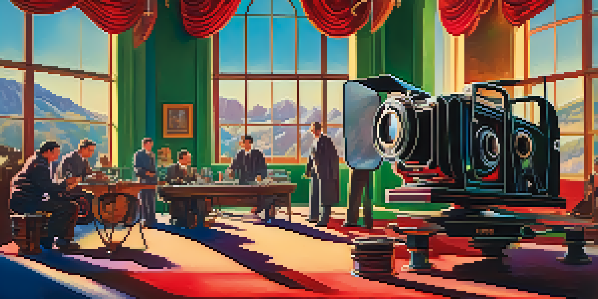 A 1930s film set with a Technicolor camera and crew members adjusting lights, surrounded by a colorful backdrop and warm sunlight.