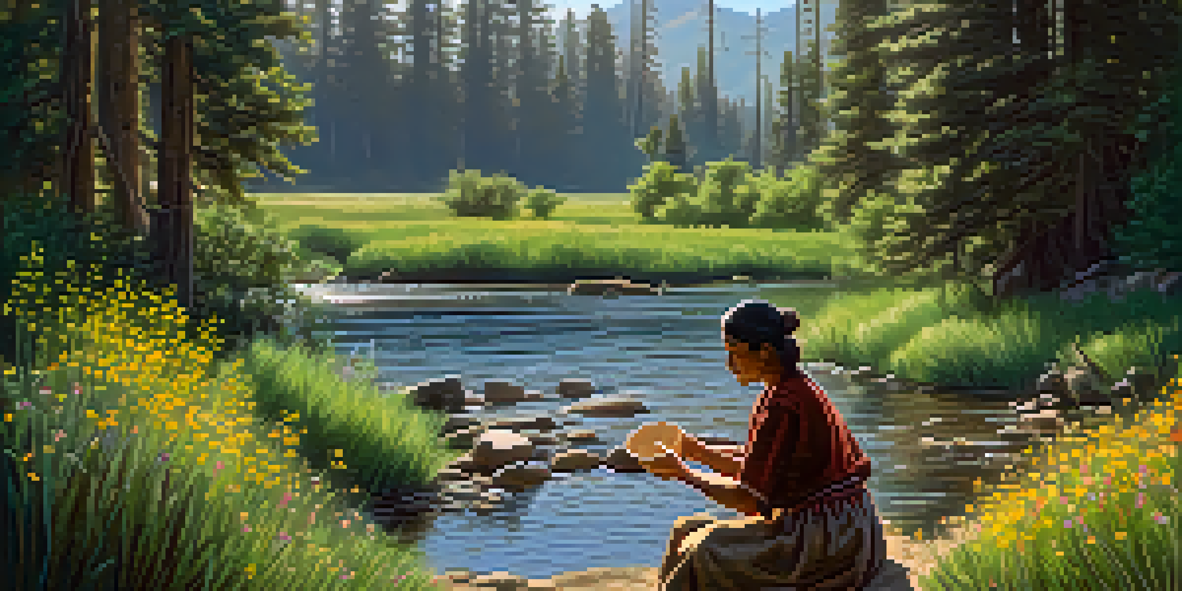 A Native American artisan weaving a basket in a lush green forest with a river and wildflowers, illuminated by soft sunlight.