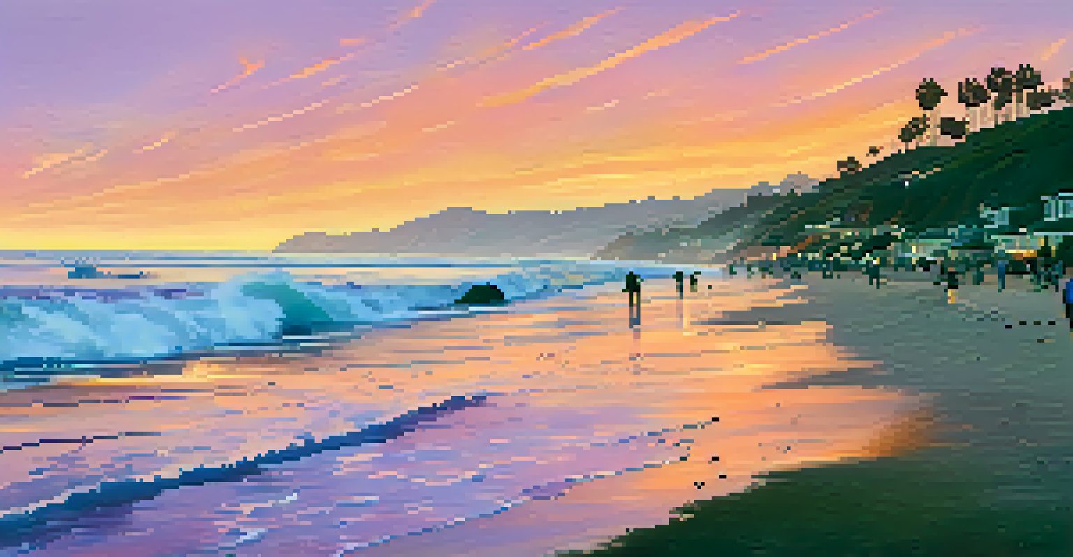 A sunset view of California's coastline with people walking on the beach, collecting trash.