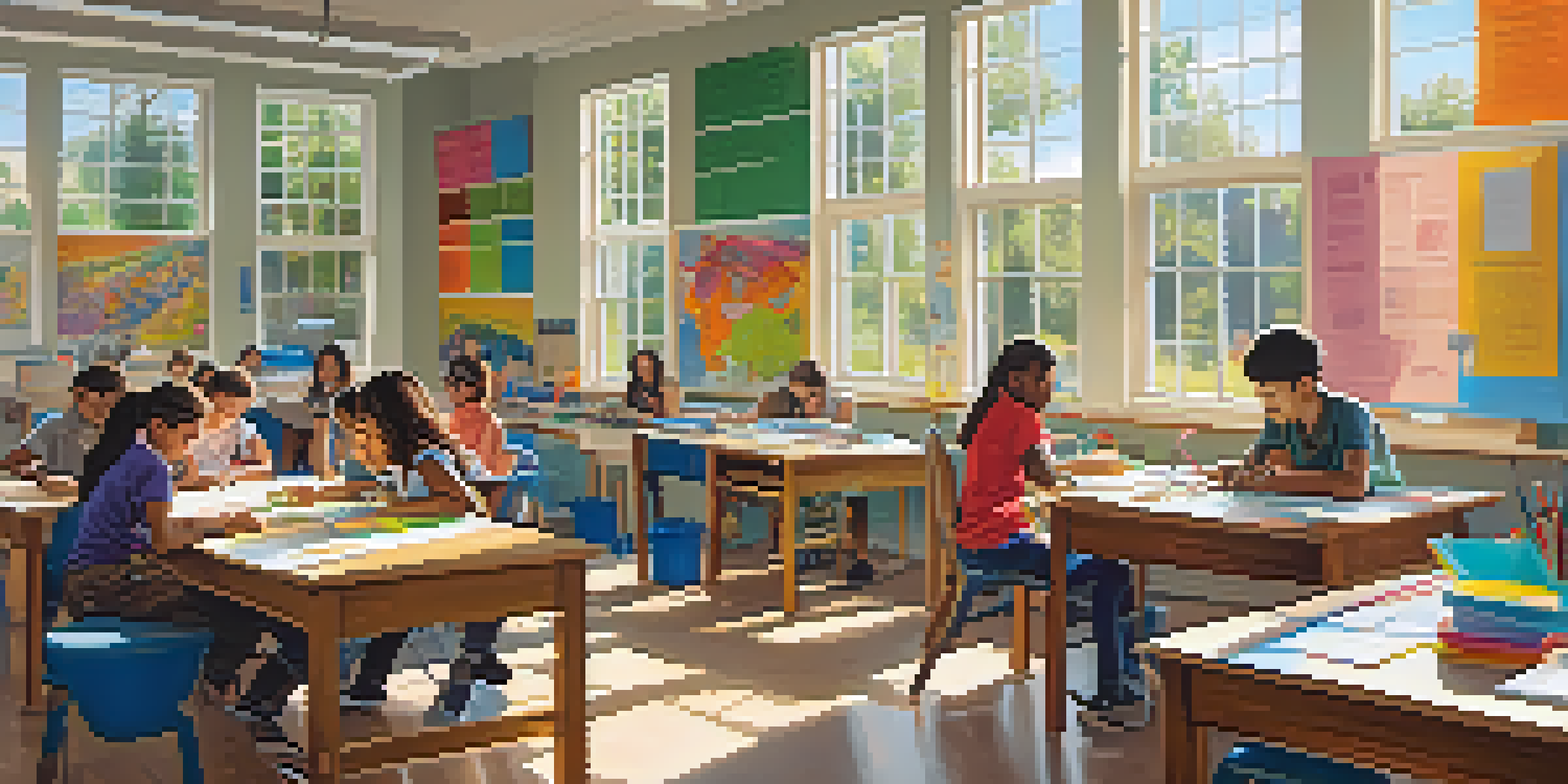 A lively classroom with students working together on hands-on projects, surrounded by colorful educational materials and natural sunlight.