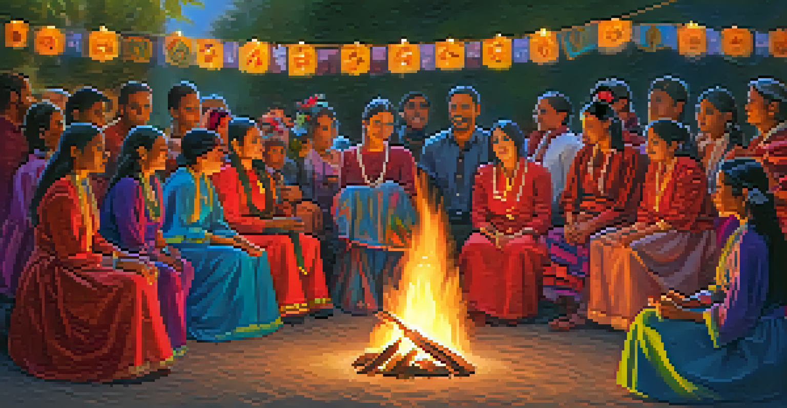 People in colorful traditional clothing gathered around a fire sharing stories of La Llorona at a cultural festival, with lanterns illuminating their faces.