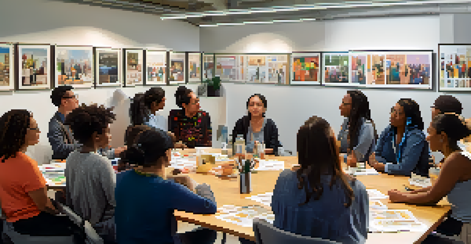 A community workshop with a facilitator speaking to a diverse group of participants in a bright room, surrounded by materials on immigrant rights.