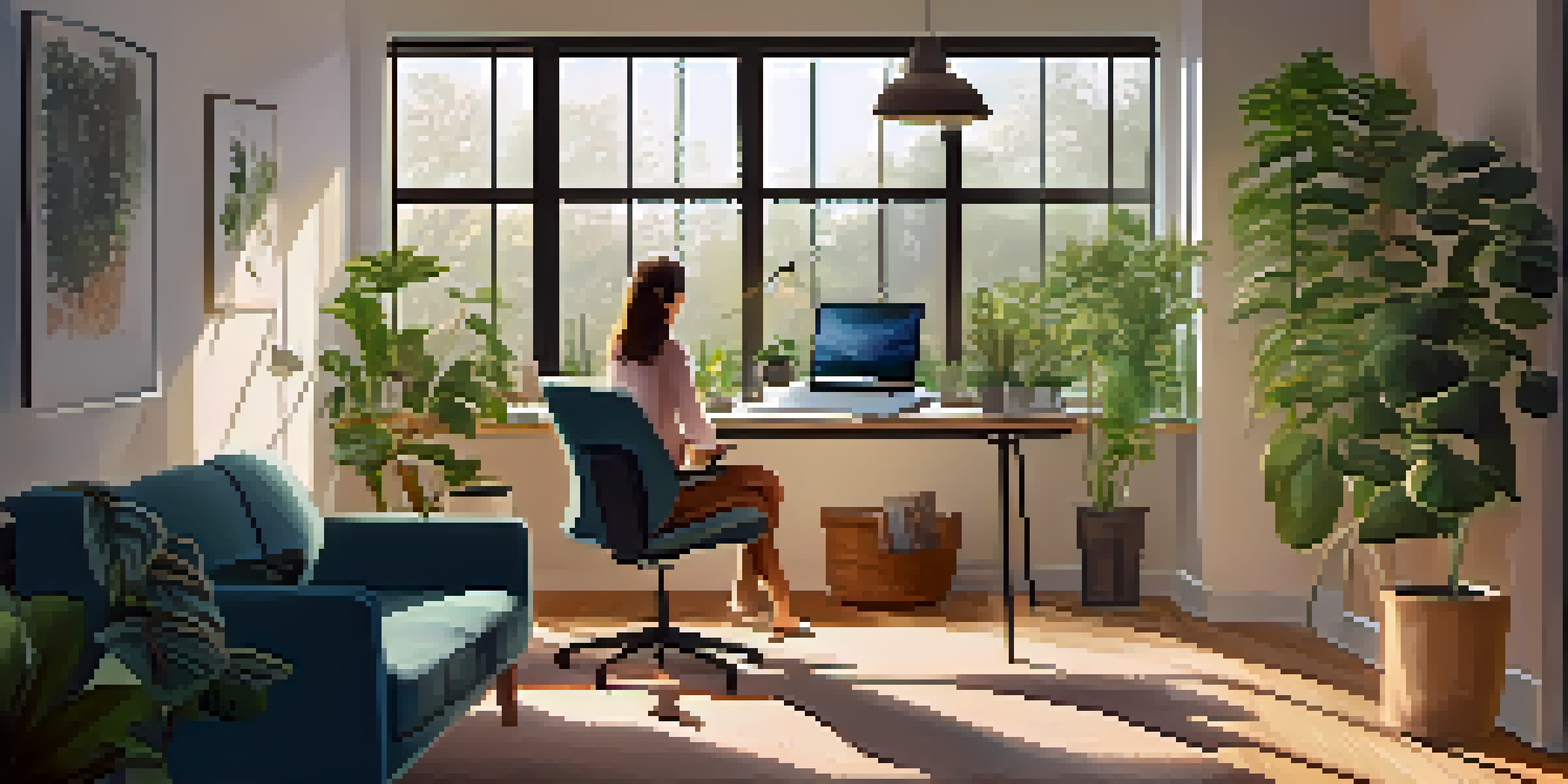 A person in a cozy home office participating in a teletherapy session on a laptop, with natural light and plants in the background.